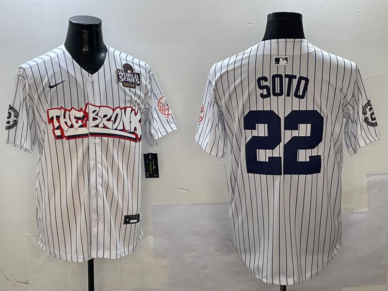 Men New York Yankees 22 Soto White Stripe four generations Joint Name 2025 Nike MLB Jersey style 3